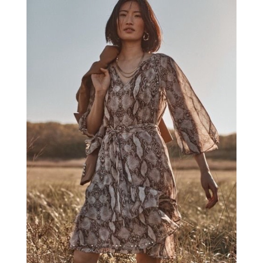White House Black Market WHBM 3/4 Sleeve Snake Printed Godet Dress Elegant Stud